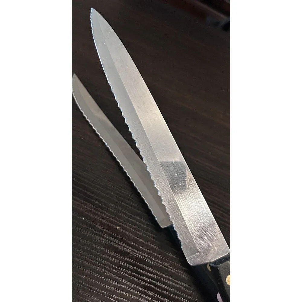 Lot of 2 Lucerne Stainless Steel Serrated Steak Knives Black Rivet Handles USA